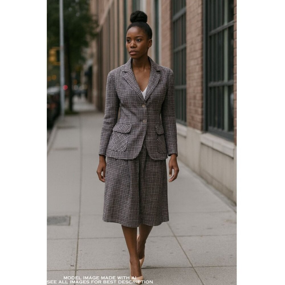 VTG Plaid Skirt Suit M Purple Jacket Midi Skirt Wool Blend Teacher Office USA